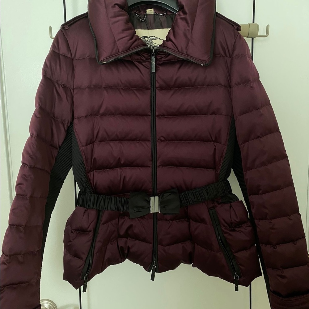 Dark purple stylish Peplum zip Burberry winter jacket in Size L.